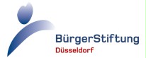 Blau-rotes Logo der BürgerStiftung Düsseldorf mit skizziertem Rumpf und Kops einer Person.