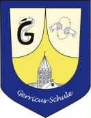 Dargestellt ist ein Blaues Wappen mit drei Feldern vor gelbem Hintergrund. Auf diesen sind der Gerresheimer Kirchturm, ein G mit Hörgerät sowie gebärdende Hände zu sehen.