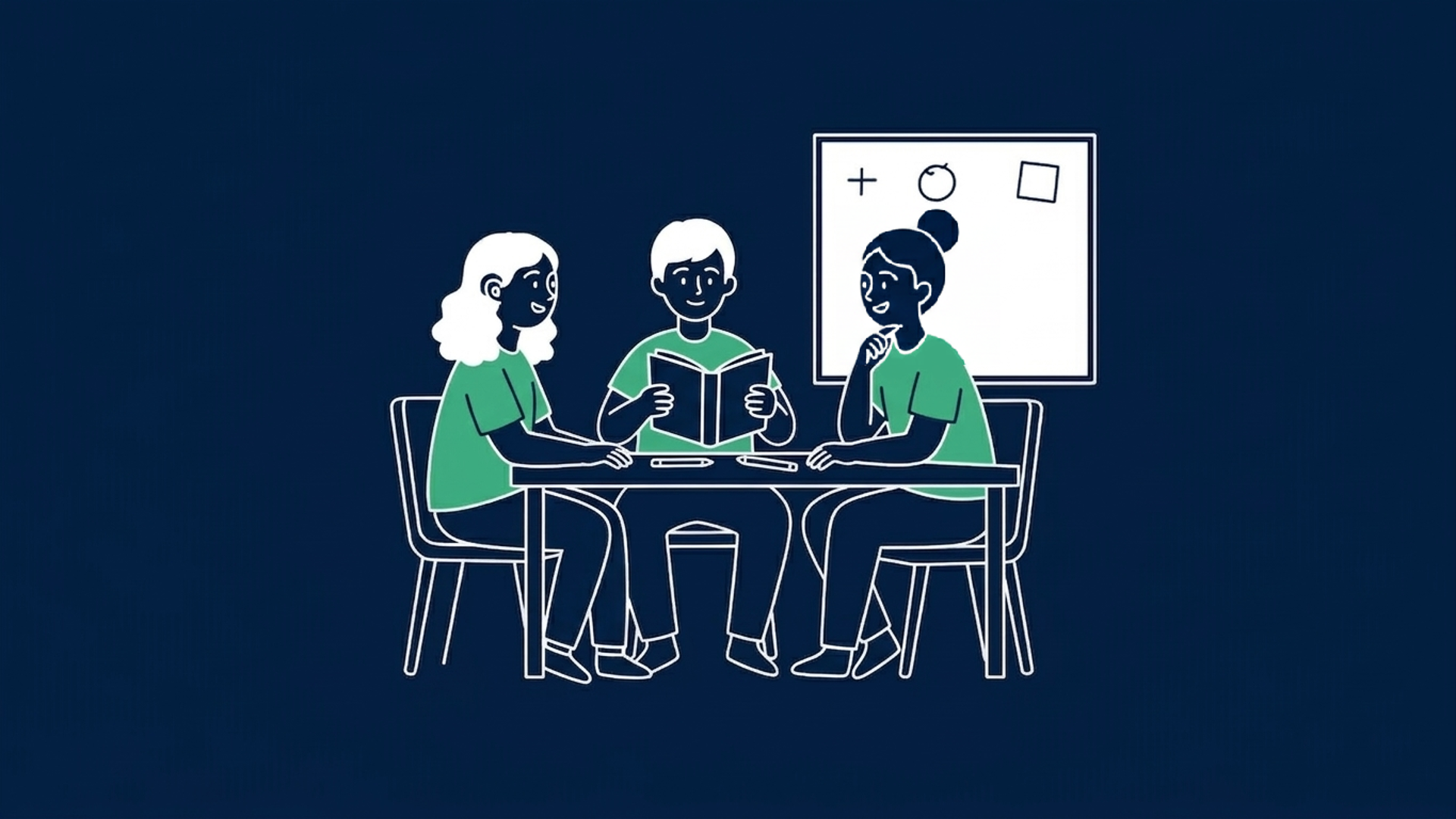 Minimalistische Illustration in Dunkelblau, weiß und mintgrün, die drei Kinder beim gemeinsamen Lernen an einem Tisch zeigt. Ein Mädchen auf der linken Seite trägt ein sichtbares Hörgerät und blickt lächelnd zu den anderen. In der Mitte hält ein Junge ein offenes Buch, während rechts ein weiteres Mädchen zuhört. Im Hintergrund ist eine digitale Tafel mit Symbolen und Formen angedeutet.