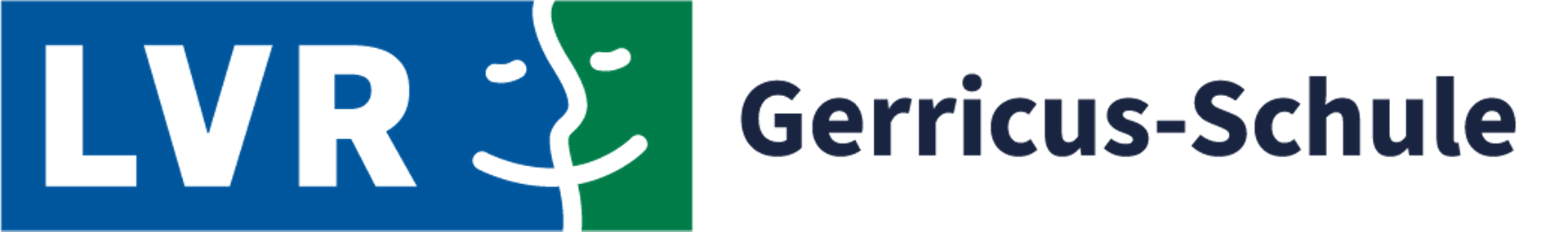Logo der Gerricus Schule: Der Schulname steht in schwarzer, serifenloser Schrift neben fünf farbigen Quadraten. Die Quadrate enthalten weiße Symbole für Sinne und Kommunikation: ein Ohr auf Violett, zwei Hände in Gebärdensprache auf Türkis, ein Mund auf Gelb, ein Auge auf Grün und die "I-Love-You"-Gebärde auf Rot.