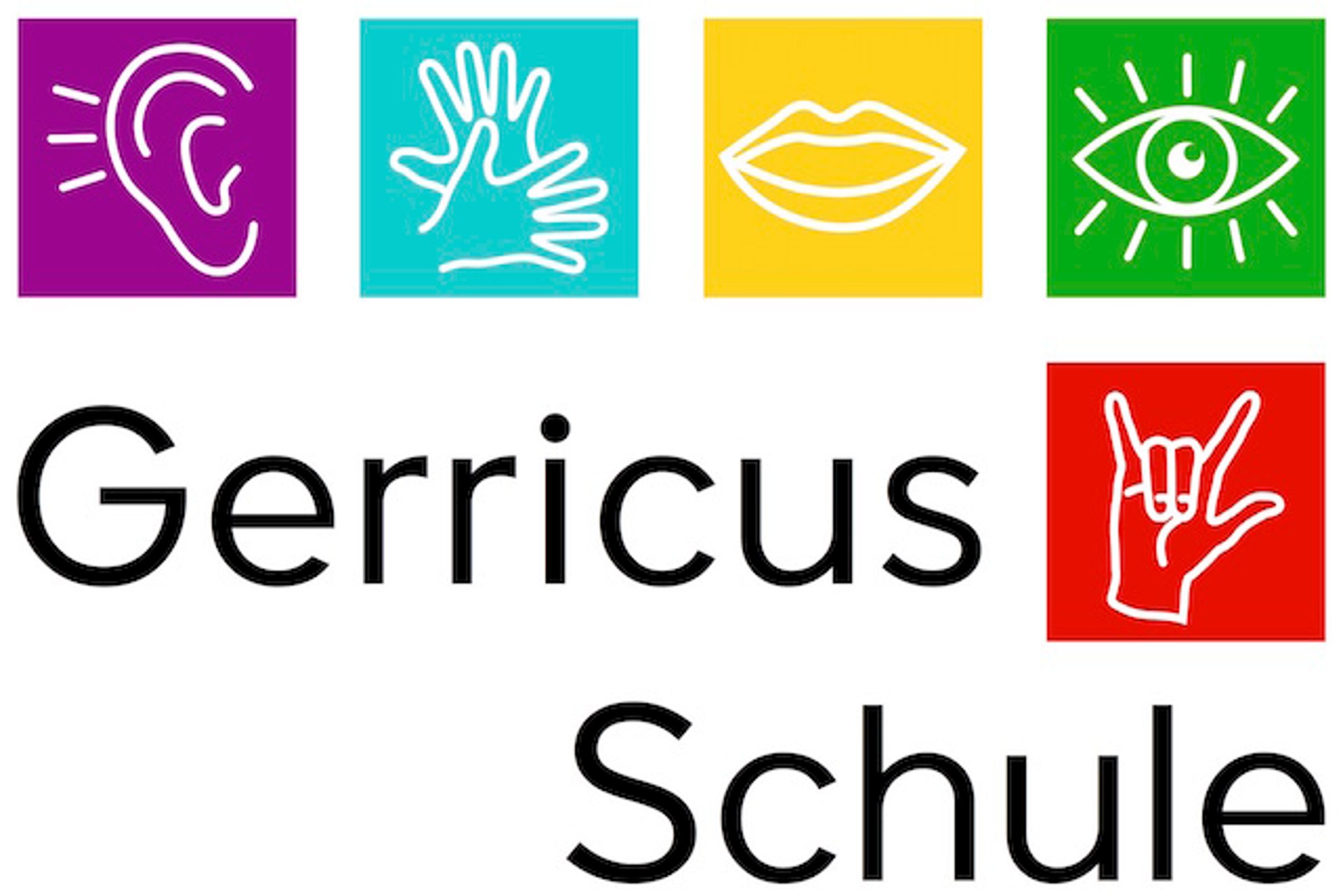 Logo der Gerricus Schule: Der Schulname steht in schwarzer, serifenloser Schrift neben fünf farbigen Quadraten. Die Quadrate enthalten weiße Symbole für Sinne und Kommunikation: ein Ohr auf Violett, zwei Hände in Gebärdensprache auf Türkis, ein Mund auf Gelb, ein Auge auf Grün und die "I-Love-You"-Gebärde auf Rot.