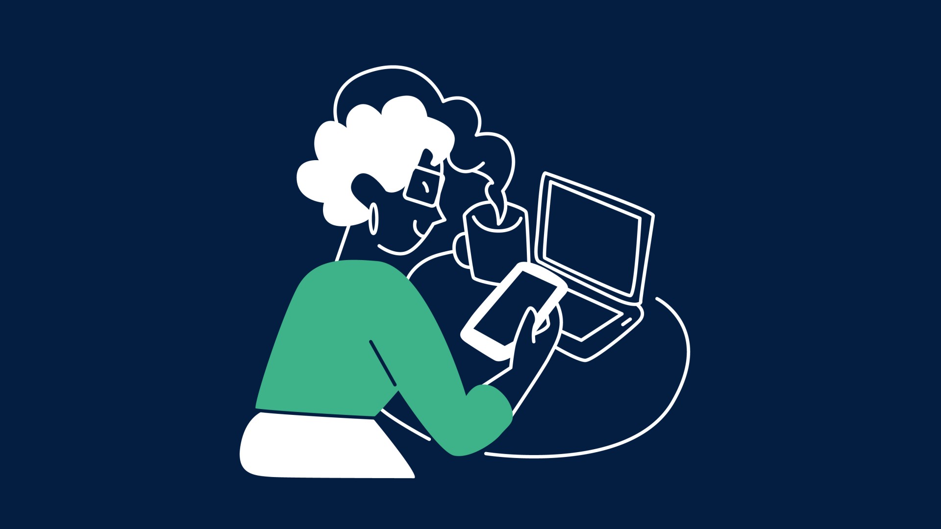 Illustration einer Frau vor einem Bildschirm, in der Hand hält sie ein Handy.