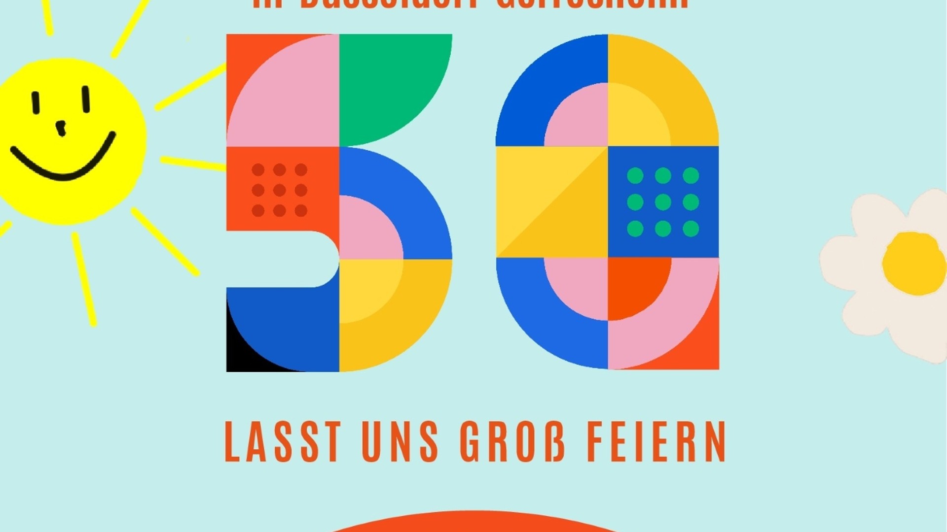 Auf dem Plakat sieht man in der Mitte eine große bunte 50. Links davon ist eine Sonne, dadrüber ist da das Schullogo und links unten ist ein Zeichnung von einem Kind das drei Luftballons hochhält. Rechts auf dem Plakat ist eine Blume, oben eine Wimpelkette und unten die ILY-Gebärde. Man kann alle Daten zum Fest dem Plakat entnehmen.