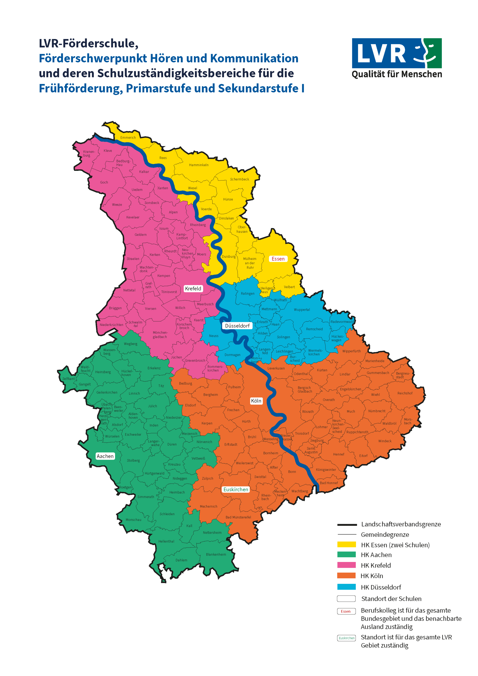 Diese Karte zeigt die Zuständigkeitsbereiche der LVR-Förderschulen mit dem Förderschwerpunkt Hören und Kommunikation (HK) im Rheinland. Sie deckt die Bereiche Frühförderung, Primarstufe und Sekundarstufe I ab. Die Karte ist in fünf farbige Zonen unterteilt, die jeweils einem Schulstandort zugeordnet sind:  Gelb (Norden): Einzugsgebiet der HK Essen (umfasst zwei Schulen). Rosa: Einzugsgebiet der Schule in Krefeld. Blau: Einzugsgebiet der der Schule in Düsseldorf. Grün: Einzugsgebiet der der Schule in Aachen. Rot: Einzugsgebiet der der Schule in Köln.