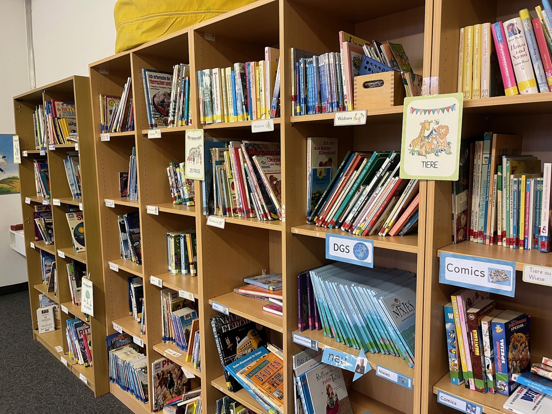 Ein langes Bücherregal mit vielen unterschiedlichen Kinderbüchern