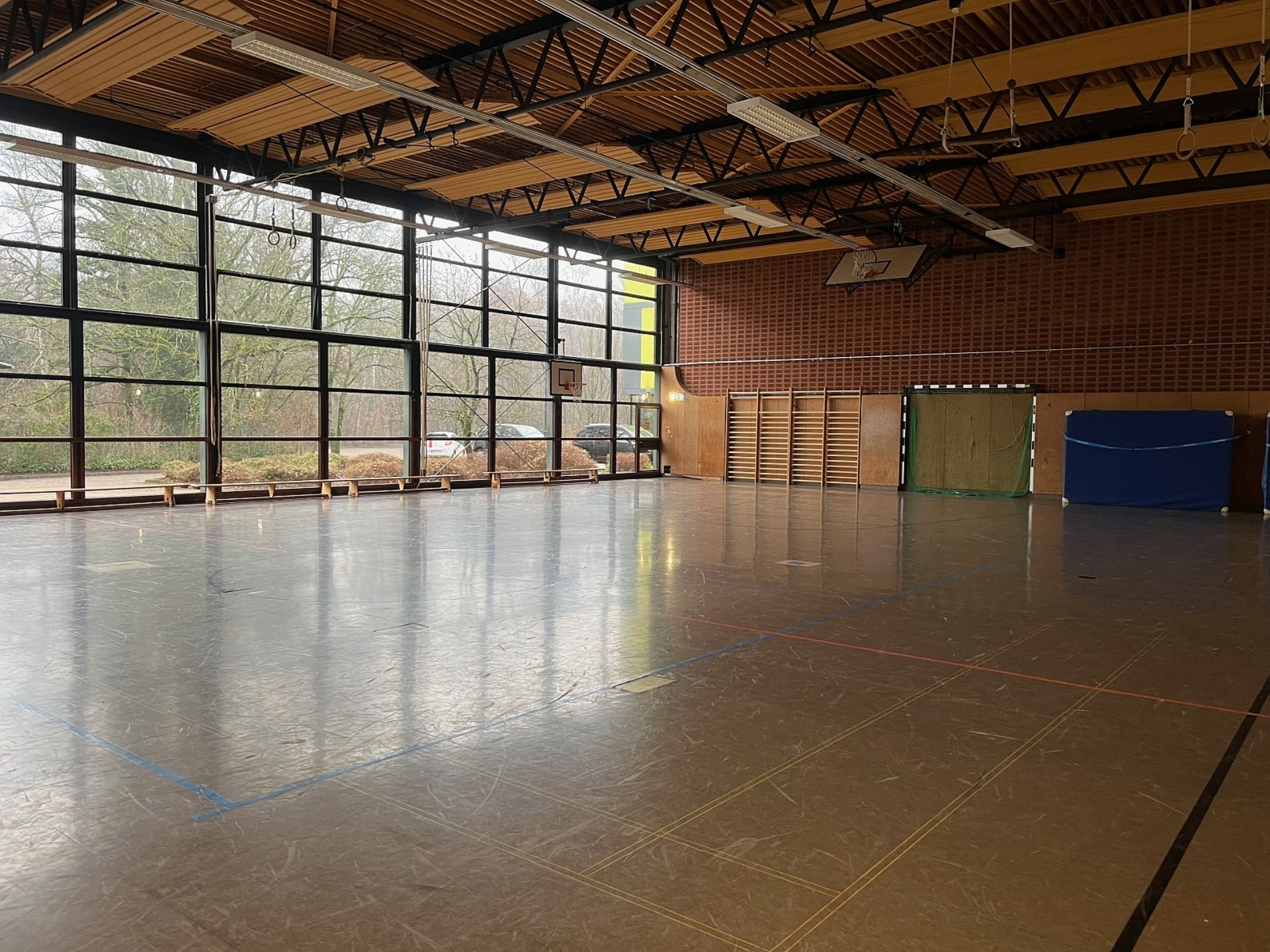 Eine große, lichtdurchflutete Turnhalle mit einer vollständigen Fensterfront auf einer Längsseite. Die Halle ist mit Basketballkörben, Sprossenwänden und einer blauen Weichbodenmatte ausgestattet.