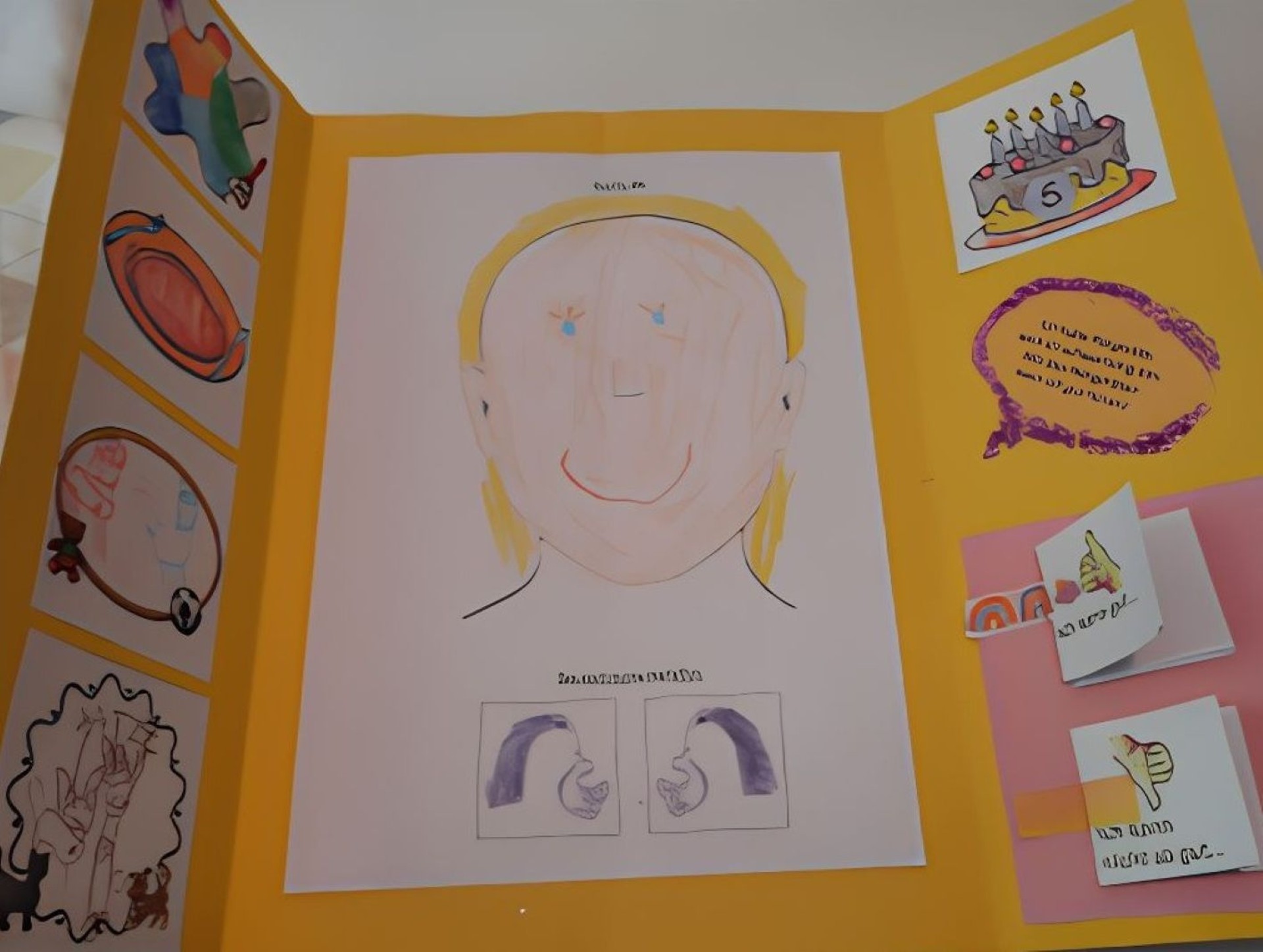 Auf dem Bild kann man ein selbstgestaltetes Lapbook sehen. In der Mitte hat sich ein Mädchen selbst gemalt und unten drunter sind zwei ausgemalte Hörgeräte zu sehen. Auf der rechten Seite ist eine Geburtstagstorte mit der Zahl 5 zu sehen, dadrunter ist eine Sprechblase zu sehen sowie zwei Daumen von denen einer nach oben und einer nach unten zeigt. Das dort Geschriebene ist nicht lesbar.  Auf der linken Seite ist eine Farbpalette, ein Teller, ein Kreis mit einem Teddy und einem Fußball zu sehen.